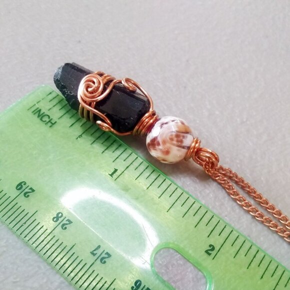 Mixed Gemstone Beads Pendant & Copper Chain: Black Tourmaline + Fire Agate - Picture 3 of 7